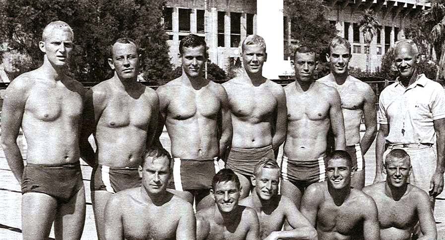 The US Olympic team in Tokyo, 1964 Olympic Games, Standing L-R: Dan Drown, Ron Crawford, Stan Cole, Bib Saari, Ralph Whitney, George Stransky, Coach Urho Saari. Bottom L-R: Tony van Dorp, Chick Mcllroy, David Ashleigh, Ned Mcllroy, Paul Mcllroy. In Tokyo, the US team finished at the 9th place. Source: The history of USA Water Polo in the Olympic Games.